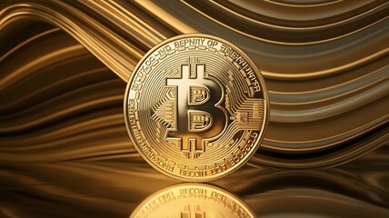 Golden bitcoin coin on a wavy, reflective surface, representing digital currency, cryptocurrency, and the future of finance and technology with abstract background