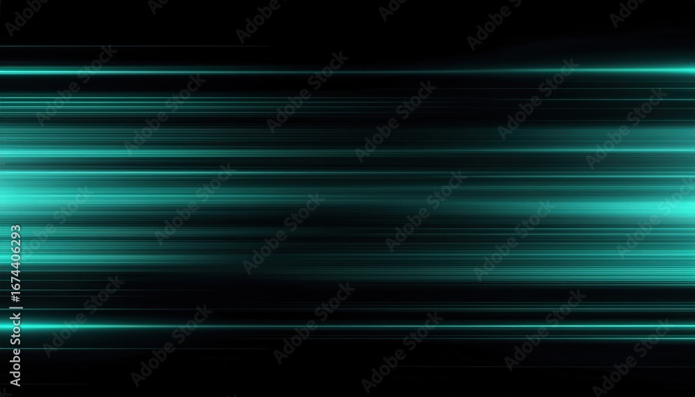 Poster glowing teal horizontal light streaks on black background with futuristic digital lines for modern t