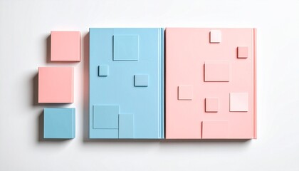 Geometric composition of pink and blue square tiles arranged on a white background