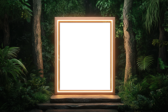 glowing rectangular portal in tropical forest, futuristic illuminated frame on transparent background, fantasy scene of nature and technology