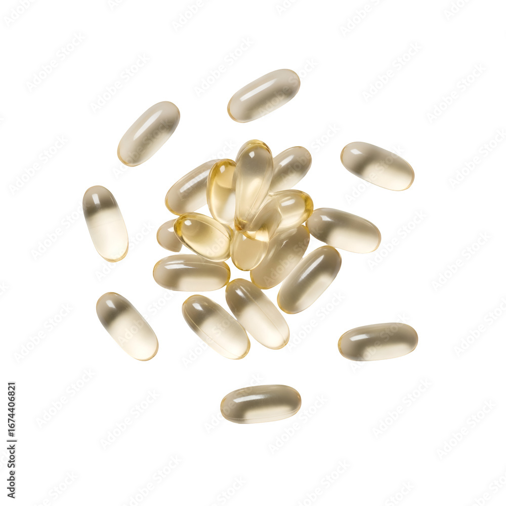 Poster capsules fall on black background, creating a transparent design element