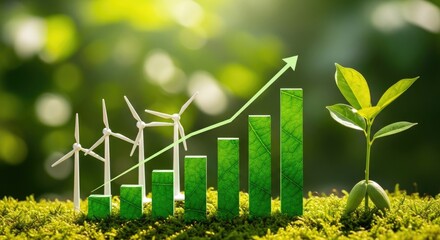 Sustainable Growth Concept with Wind Turbines, Green Bars, and Plant Seedling