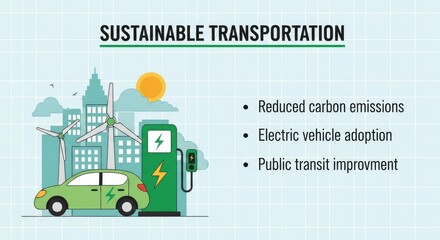 Sustainable Transportation Electric Car, Wind Turbines, Charging Station