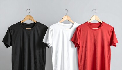 Three solid-color t-shirts — red, white, and black — hanging on wooden and plastic hangers from a metal rack against a neutral gray wall