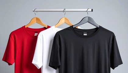 Three solid-color t-shirts — red, white, and black — hanging on wooden and plastic hangers from a metal rack against a neutral gray wall