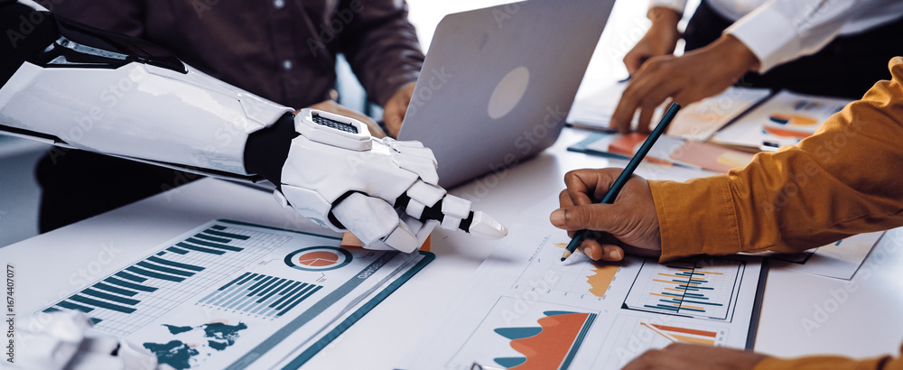 Poster a humanoid robot collaborates with professionals in an office, pointing at data charts and graphs, s