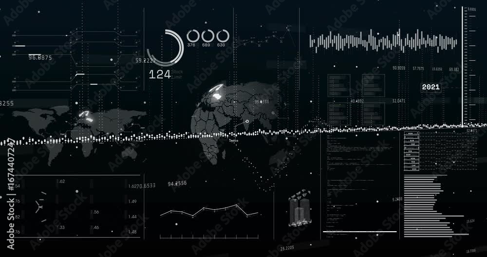 Poster on playback dashboard showing rotating globe while pulsing stream cycling numbers to show timeline