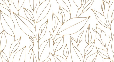 Elegant seamless pattern of delicate gold line art leaves and branches on a clean white background, perfect for sophisticated design