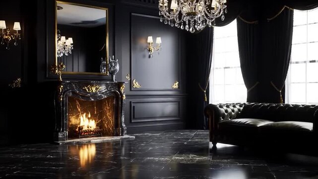 Sumptuous classic living room interior with a burning fireplace on a black marble floor and rich golden accents