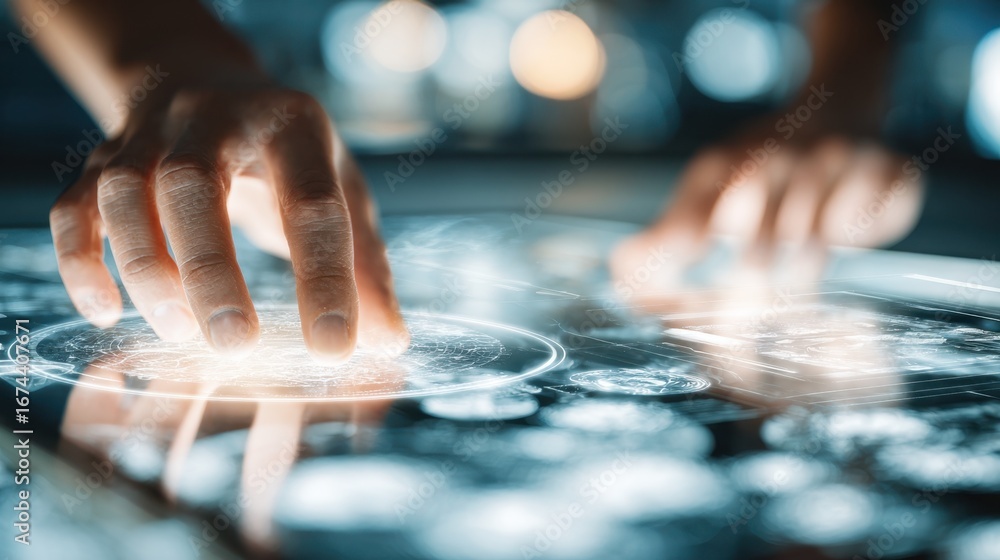 Poster closeup medium shot of hands navigating an adaptive ai wholesale interface on a tablet features clea