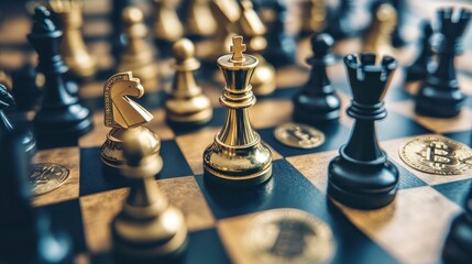 Close-up of a chessboard with gold and black chess pieces and cryptocurrencies.