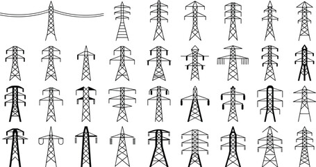 Various types of electricity transmission towers, power pylons, high voltage lines, energy infrastructure, black vector icons, utility poles, grid system