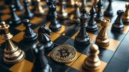 Bitcoin cryptocurrency coin on a chessboard surrounded by black and gold chess pieces.