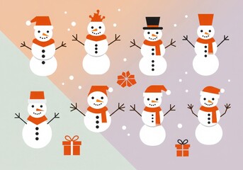Collection of cheerful cartoon snowmen with hats and scarves in winter scene