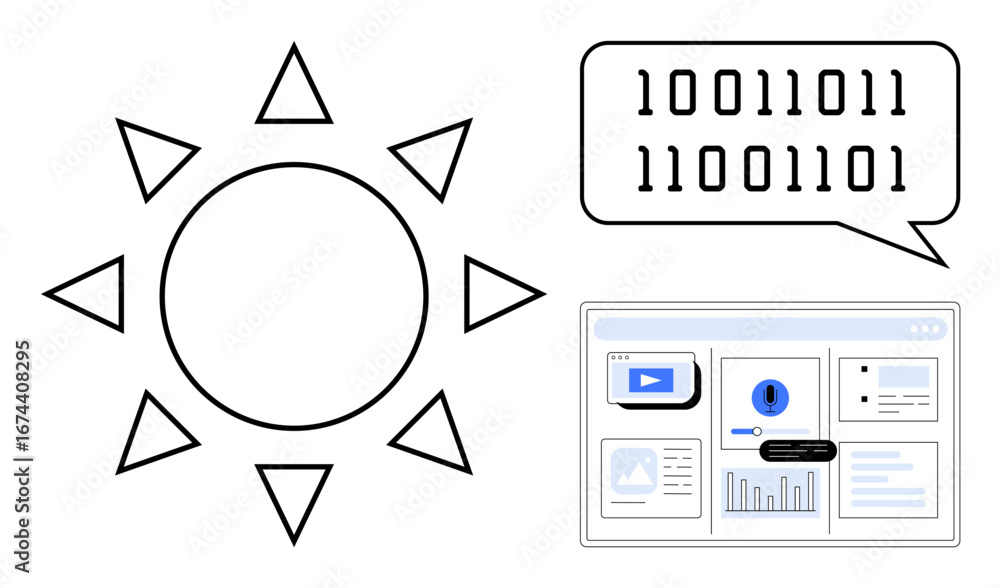 Leinwandbilder binary code in a speech bubble, geometric sun, and a dashboard with charts and notifications. ideal 