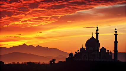Mosque silhouette against vibrant orange and yellow sunset sky with mountain layers 2025 2026 Full HD High Quality 4K Download