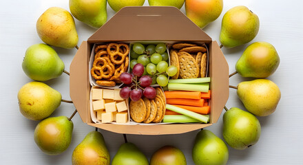 Healthy snack box with a variety of fruits, vegetables, and crackers with pears around on a white surface