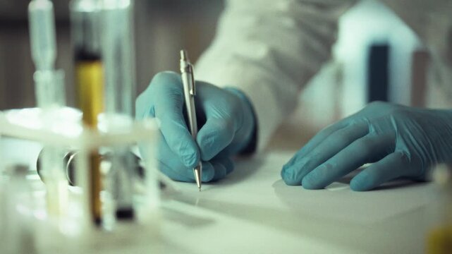 A scientist wearing blue gloves is diligently writing notes on a sheet of paper while surrounded by various lab equipment and glassware. This focused activity takes place in a modern laboratory