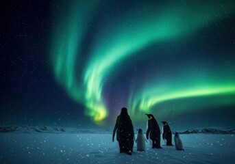 Obraz premium Penguins silhouetted against a vibrant aurora borealis sky