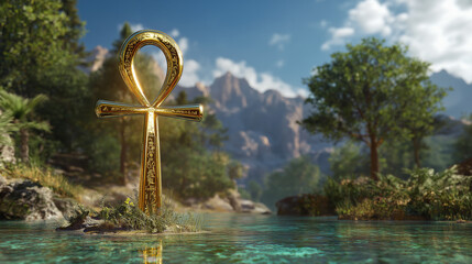 A majestic golden Ankh, the ancient Egyptian Key of Life, glowing softly with divine light and symbolizing eternal life and spiritual power. on a sea 
