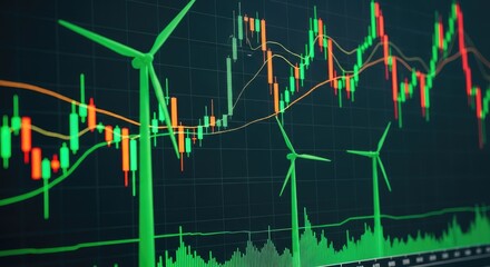 Fototapeta premium Wind Turbines with Candlestick Chart Overlay on Dark Background Showcasing Trends