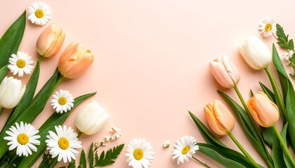 Peach Tulips with Daisies, and Pink Background.