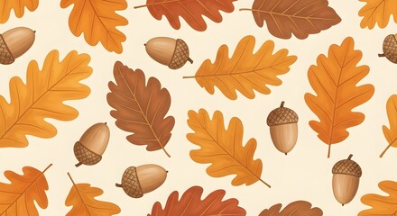 Obraz premium Seamless pattern of oak leaves and acorns in warm autumn colors, evoking a cozy fall season and natural beauty