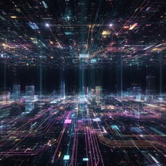 Obraz premium Futuristic cityscape with glowing lights and abstract digital elements 