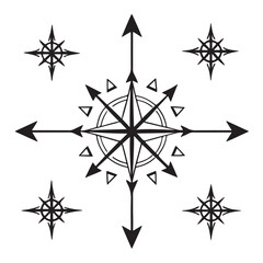 Obraz premium Collection of five compass rose designs isolated on white background, ideal for nautical, travel, and directional themes in black and white