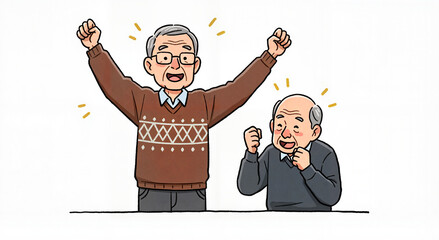 Two elderly men cheering while watching football, digital illustration, isolated on white with copy space