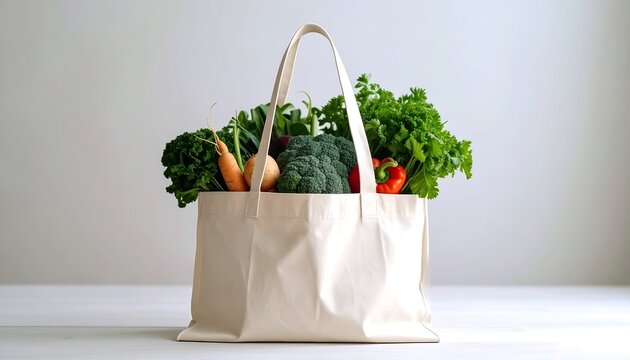 Fresh veggies in reusable tote bag.