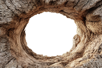 natural round rock hole with textured stone surface, isolated image of geological formation on transparent background