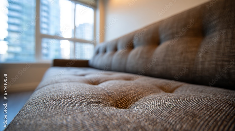 Poster focused medium shot of a tweed convertible sofa bed showing tactile fabric patterns with the rest of