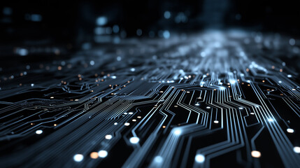 Abstract circuit board design with futuristic technology patterns, glowing lines and nodes, symbolizing advanced digital networks and innovation.
