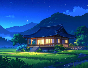 Nighttime asian home in valley landscape