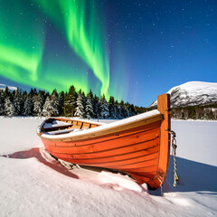 Northern lights over frozen lake with wooden boat