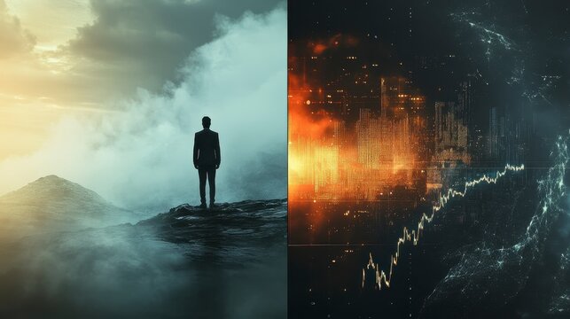 A businessman stands on a mountaintop, contemplating a split view of serene nature and a chaotic cityscape with data graphs.