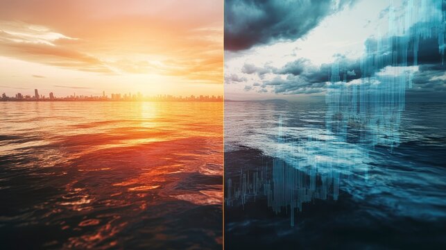 Sunset and stormy sea cityscape split view with financial graph overlay.