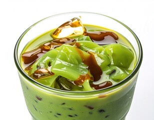 Close-up of Cendol Dessert Iced Green Jelly Cubes with Brown Sugar Syrup in a Glass