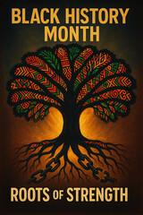 Inspirational Black History Month poster featuring a symbolic tree with broken chain roots and colorful African patterns. The design highlights resilience, unity, and cultural heritage. Ideal for awar