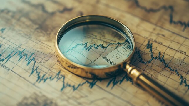 Magnifying glass on antique stock market chart, analyzing financial data and trends. - Powered by Adobe