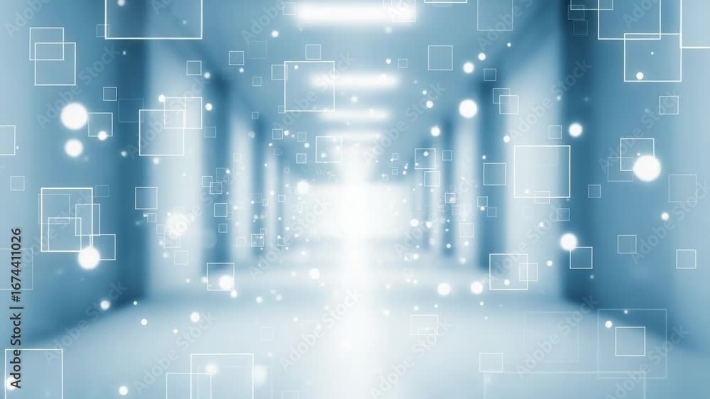 Poster a futuristic blue hallway with glowing squares and bokeh lights, representing technology and data