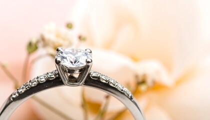 Close-up diamond ring on soft pink rose petals