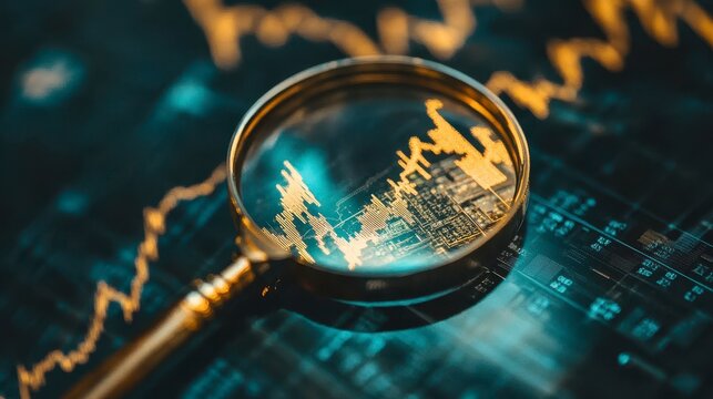 Magnifying glass over stock market graph; analyzing financial data, investment, market trends, economic growth.