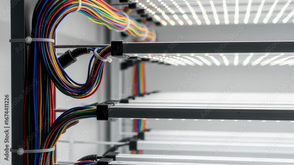 Poster focus on colorcoded led wiring in vertical farm racks emphasizing organized electrical design for di