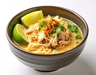 Close-up angled shot of delicious chicken noodle soup bowl with shredded chicken, noodles, lime, and herbs. Isolated comforting meal
