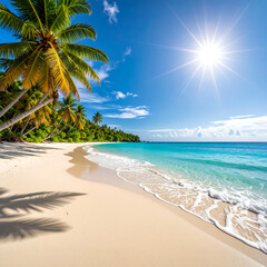 Tropical beach scene with palm trees and turquoise ocean