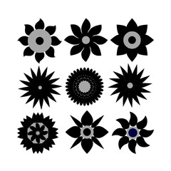 Black and Gray Floral Icons Set, Vector Illustration, White Background