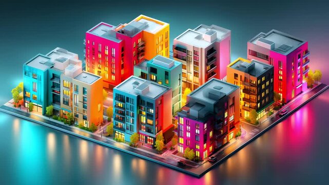 Floating isometric city block - Organized, modern - Multiple apartment buildings clustered - Dark gradient tech background 