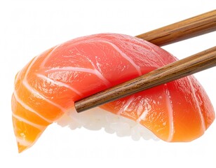 Delicious sushi with fresh salmon being held by chopsticks, isolated on a white background